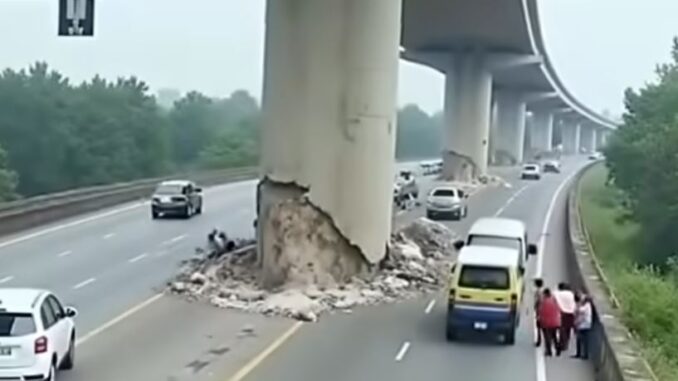 The bridge’s support collapsed after the earthquake, but it was only the outer concrete that hit the car.