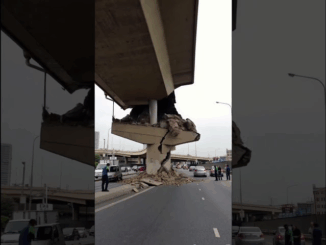 The bridge’s support collapsed after the earthquake, but it was only the outer concrete that hit the car.